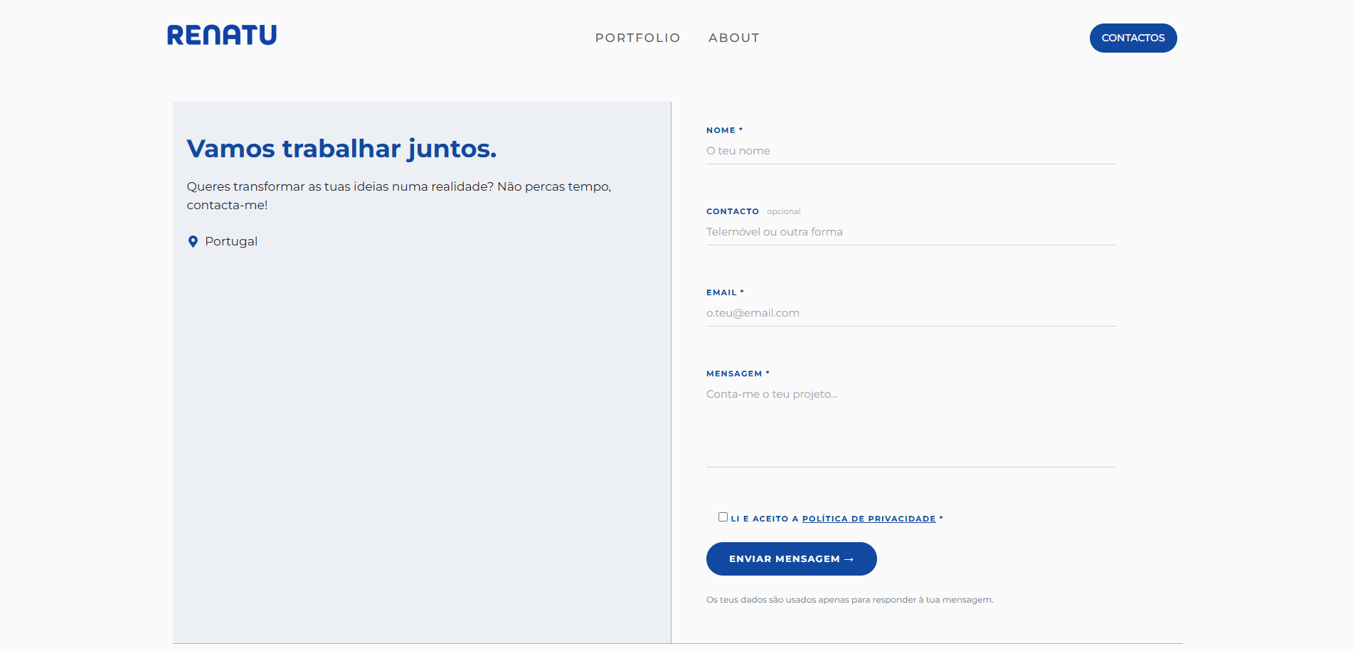 Página de Contactos do RENATU