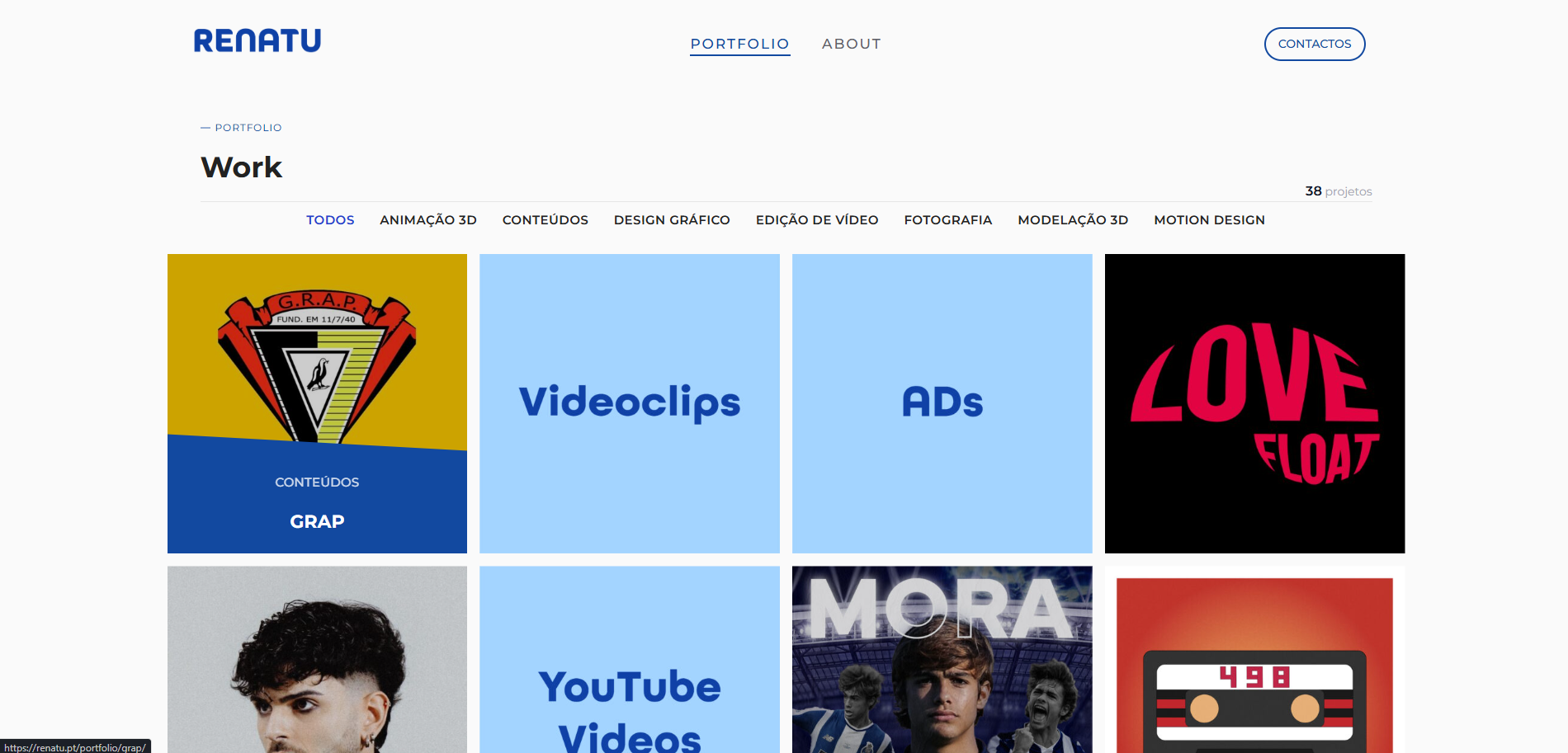 Página de work do RENATU com grelha de videoclipes